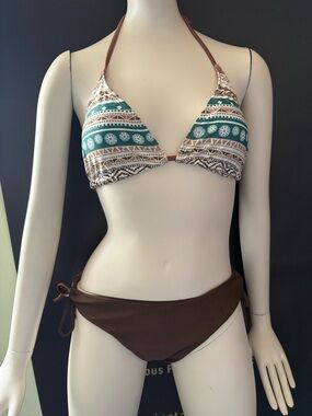 NWOT SHEIN Teal & Brown Patterned Triangle Bikini